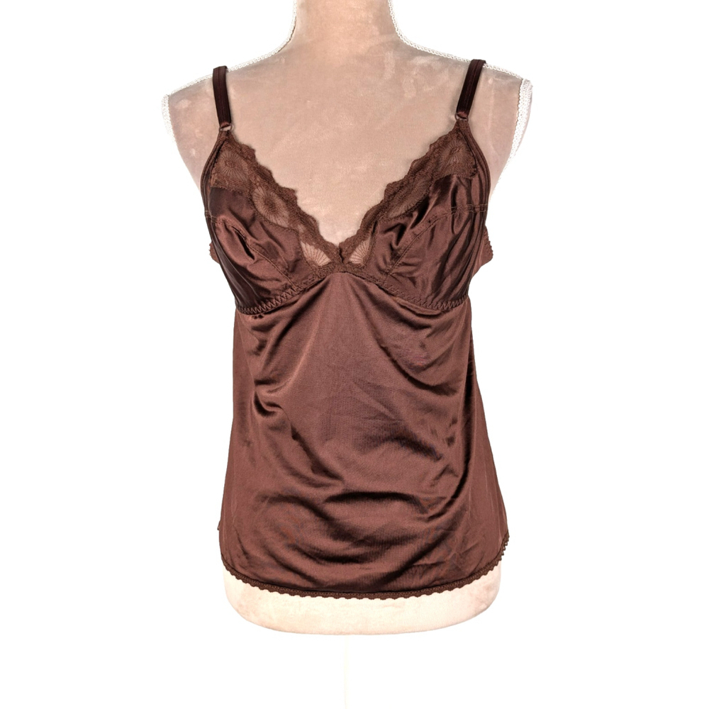Vintage Lace Trim Cami Camisole Chocolate Brown Sz 36 S Retro Y2K Classic Fairy